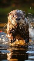 ai gegenereerd een nieuwsgierig en speels Otter spatten door de water foto