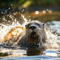 ai gegenereerd een nieuwsgierig en speels Otter spatten door de water foto