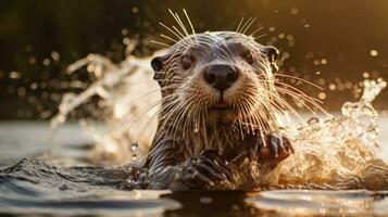 ai gegenereerd een nieuwsgierig en speels Otter spatten door de water foto