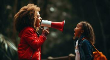 ai gegenereerd een kind sprekend met een rood megafoon zwart vrouw foto