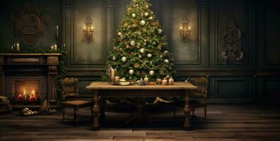 ai gegenereerd een Kerstmis boom Aan een houten tafel foto