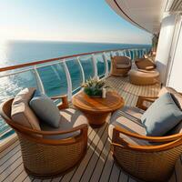 ai gegenereerd een detailopname van een luxueus cabine balkon Aan een reis schip foto