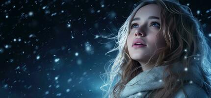 ai gegenereerd een mooi meisje op zoek omhoog naar de vallend sterren met sneeuw sneeuwvlokken tegen foto