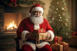 ai gegenereerd de kerstman claus Holding een Cadeau in voorkant van een Kerstmis boom foto