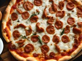 ai gegenereerd een stomen heet pizza met gesmolten kaas, sappig peperoni, en een bestrooi van oregano foto