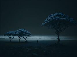 ai gegenereerd eenzaam boom Aan de strand Bij nacht. foto