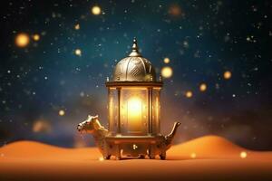 eid mubarak en Ramadan kareem groeten met Islamitisch lantaarn en moskee. eid al fitr achtergrond. eid al fitr achtergrond van venster concept door ai gegenereerd foto