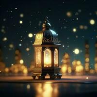 eid mubarak en Ramadan kareem groeten met Islamitisch lantaarn en moskee. eid al fitr achtergrond. eid al fitr achtergrond van venster concept door ai gegenereerd foto