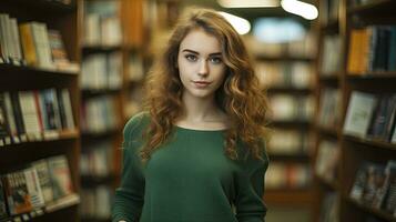 ai gegenereerd een 20 jaar oud vrouw in een groen jurk en golvend haar, in boekhandel planken. foto