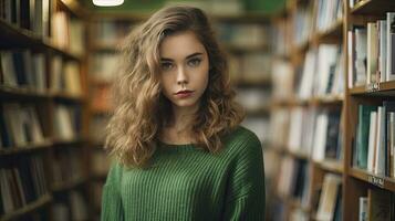 ai gegenereerd een 20 jaar oud vrouw in een groen jurk en golvend haar, in boekhandel planken. foto