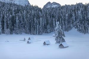 na de sneeuwval. laatste lichten van de schemering in Sappada. magie van de Dolomieten foto