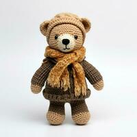 ai gegenereerd schattig gebreid teddy beer. wijnoogst speelgoed- dier in jas gemaakt van groot ruw draden. foto