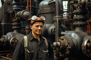 ai gegenereerd portret van een arbeider in een gas- verwerken fabriek. industrieel achtergrond, een Mens in een uniform en een helm, in de buurt de klep van pijpen Bij een gas- mijnbouw plant, ai gegenereerd foto