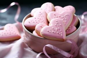 ai gegenereerd hartvormig suiker koekjes met roze glazuur, romantisch Valentijnsdag dag traktatie foto