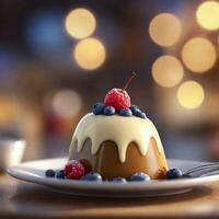 ai gegenereerd dichtbij omhoog van een pudding, voorgrond scherp met bokeh achtergrond. ai generatief foto