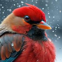 ai gegenereerd rood riviervogel. in een gelukkig gezicht Aan de top van een verkoudheid berg. ai generatief foto