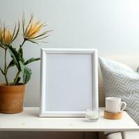 ai gegenereerd wit foto kader mockup Aan een houten tafel met bloemen in een knus kamer