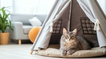 ai gegenereerd grijs gestreept kat ontspannende in elegant tipi, modern huisdier decor, sereen dier Bij huis foto