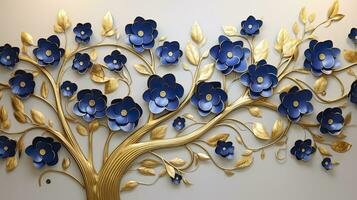 ai gegenereerd elegant goud en Koninklijk blauw bloemen boom met bladeren en bloemen hangende takken illustratie achtergrond. ai gegenereerd. foto