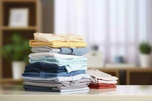 ai gegenereerd stack van schoon kleren Aan tafel in kamer. generatief ai foto