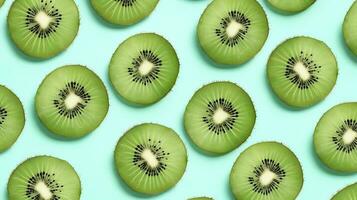 ai gegenereerd plakjes van kiwi fruit en groen munt bladeren Aan een licht pastel blauw achtergrond. ai gegenereerd foto