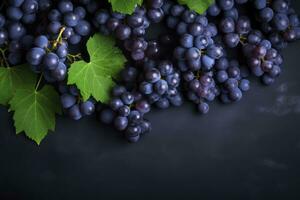 ai gegenereerd vlak leggen achtergrond van wijnstokken, veel van biologisch blauw donker druiven. ai gegenereerd foto