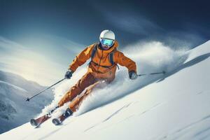 ai gegenereerd skiër skiën Aan berg helling. ai gegenereerd foto