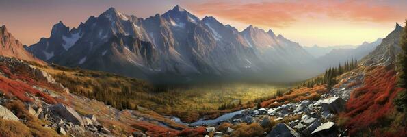 ai gegenereerd panorama berg herfst landschap. ai gegenereerd foto