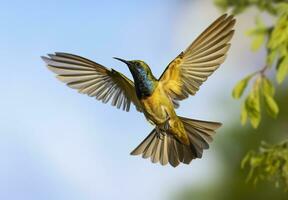 ai gegenereerd olijf- gesteund zonnevogel, geel buik sunbird vliegend in de helder lucht. generatief ai foto