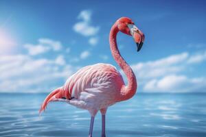 ai gegenereerd roze flamingo in de water. ai gegenereerd foto