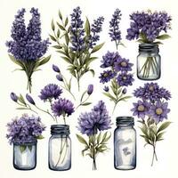 ai gegenereerd verzameling van waterverf metselaar potten met Purper bloemen clip art. ai gegenereerd foto