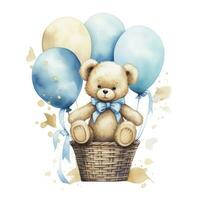 ai gegenereerd een waterverf baby teddy beer is zittend in de mand met blauw en goud ballonnen. ai gegenereerd foto