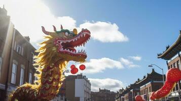 ai gegenereerd Chinese draak onder een helder lucht. ai gegenereerd foto