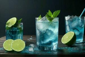 ai gegenereerd blauw lagune mojito met ijs kubussen. pro foto