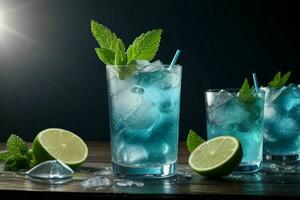 ai gegenereerd blauw lagune mojito met ijs kubussen. pro foto