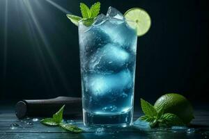 ai gegenereerd blauw lagune mojito met ijs kubussen. pro foto