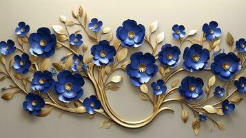 ai gegenereerd elegant goud en Koninklijk blauw bloemen boom met bladeren en bloemen hangende takken illustratie achtergrond. ai gegenereerd. foto