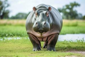 ai gegenereerd nijlpaard wandelen in een groen veld. ai gegenereerd foto