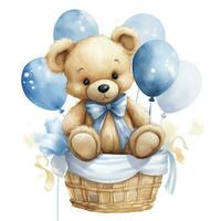 ai gegenereerd een waterverf baby teddy beer is zittend in de mand met blauw en goud ballonnen. ai gegenereerd foto