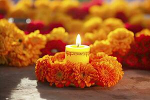 ai gegenereerd kaarsen en goudsbloem bloemen. dag van de dood concept dia de los muertos. ai gegenereerd foto