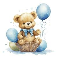 ai gegenereerd een waterverf baby teddy beer is zittend in de mand met blauw en goud ballonnen. ai gegenereerd foto