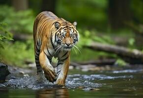 ai gegenereerd amur tijger wandelen in de water. gevaarlijk dier. dier in een groen Woud stroom. generatief ai foto