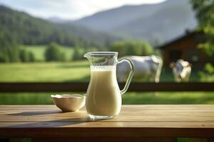 ai gegenereerd glas werper met vers melk Aan een houten tafel. ai gegenereerd foto