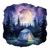 ai gegenereerd een camping tent in de Woud met nacht lucht, waterverf voor t-shirt ontwerp. ai gegenereerd foto