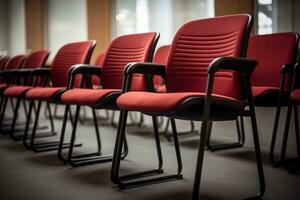 ai gegenereerd foto van een rij van identiek kantoor stoelen in een vergadering kamer. generatief ai