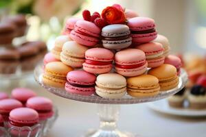 ai gegenereerd foto van een watertanden assortiment van kleurrijk macarons Aan een toetje tafel. generatief ai