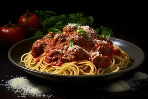 foto van een klassiek spaghetti en gehaktballen schotel met een hartig tomaat saus. generatief ai