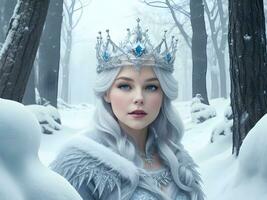 ai gegenereerd sneeuw koningin met kroon in sneeuw in winter Woud ai genereren foto