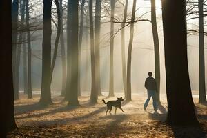 ai gegenereerd Mens wandelen met zijn hond vriend. neurale netwerk ai gegenereerd foto