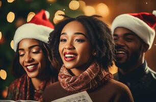 ai gegenereerd een groep van mensen het zingen Kerstmis kerstliederen foto